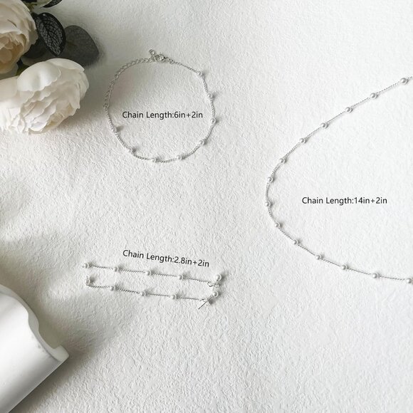 Gold Jewelry Set Silver Women Dainty Pearl Choker Earrings Bracelet Wedding Gift - Picture 4 of 7